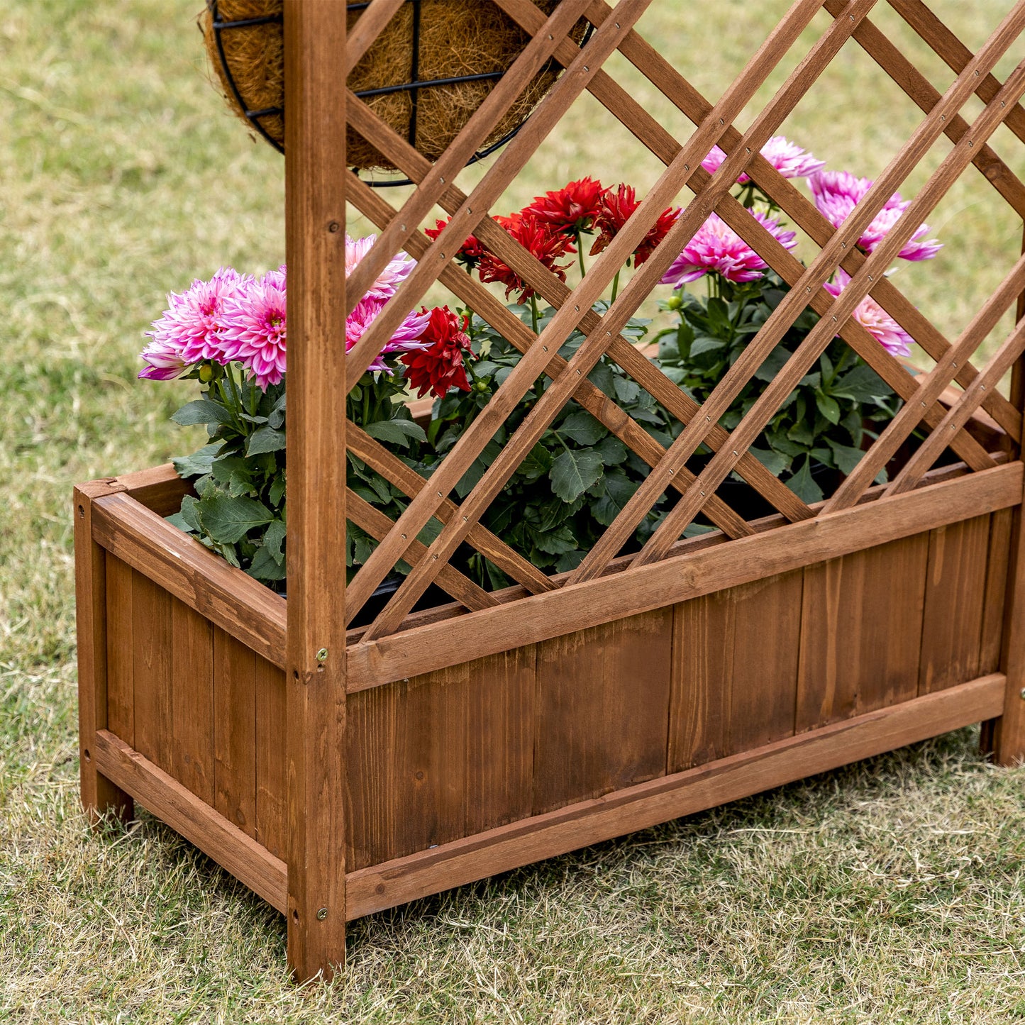 Fir Wood Raised Garden Bed with Lattice Trellis | 53.5x24cm Planting Area | Year-Round Outdoor Use | Climbing Plants Flowers Fruits & Herbs | Brown
