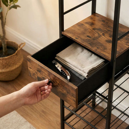 Industrial Wine Bar Cabinet | 16 Bottle Rack | 12 Glass Holder | Freestanding | 40x29x148.5cm | Rustic Brown