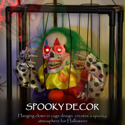 Halloween Animated Hinging Clown in Cage with Glowing LED Eyes, Spooky Clown Scary Halloween Decorations, Battery Operated, Indoor Party Props