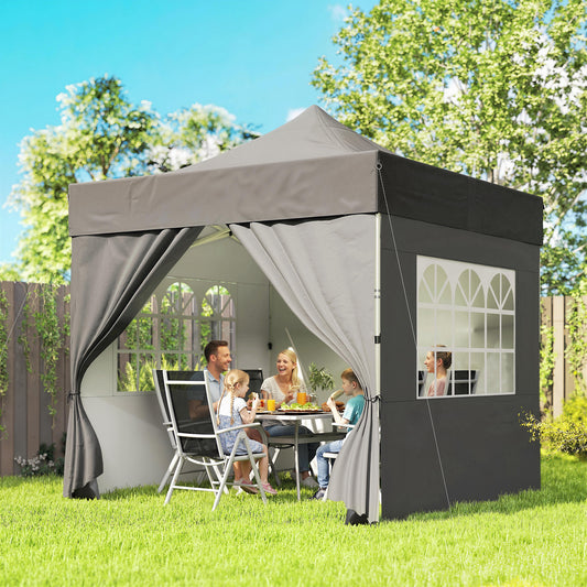 3x3m Heavy-Duty Peak-Top Pop-Up Gazebo | 420D UPF50+ Oxford Fabric | 4 Removable Sidewalls | Zipper Door & Windows | 3-Height Adjustment | 8 Drainage Holes | 4 Sandbags, 4 Guy Ropes & 8 Stakes | Wheeled Carry Bag | Dark Grey