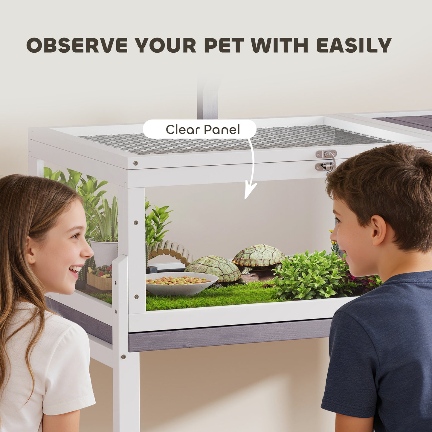 Wooden Tortoise Cage | Dual-Zone Habitat | Clear Panels | Raised Stand | Lamp Holder | 104 x 53 x 82cm | Grey