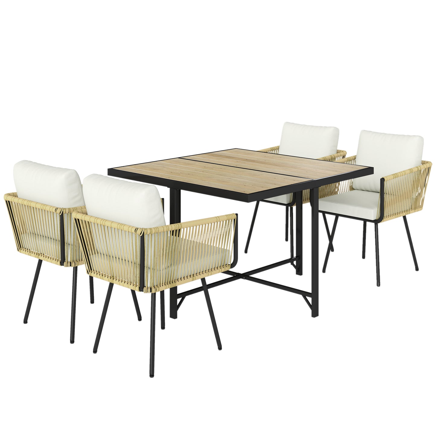 5-Piece Rattan Garden Dining Set | PS Wood-Plastic Table 110x110cm | 4 PE Rattan Armchairs | Thick Cushions | Zip Covers | Powder-Coated Metal Frame | Adjustable Feet | 120kg Chair Capacity | Beige