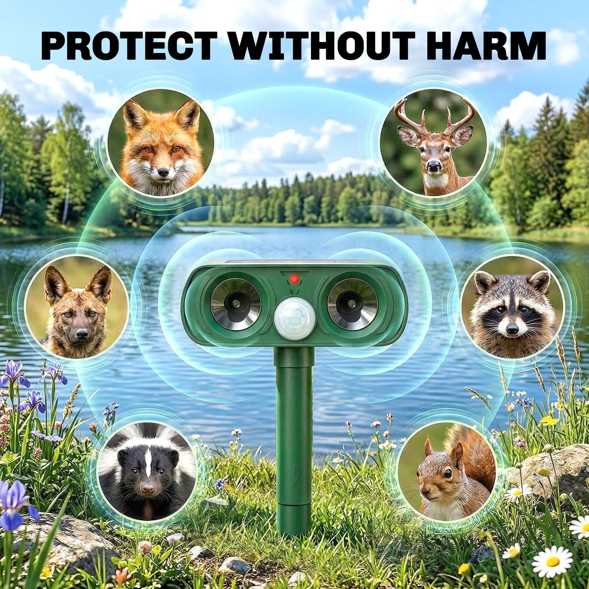 Solar Ultrasonic Animal Repeller | 110° PIR Motion Sensor | 6-8m Range | LED Flash | Ground Stake | IPX4 Weatherproof | Humane Cat Dog Rat Deterrent | 14x9.2x37cm | Green