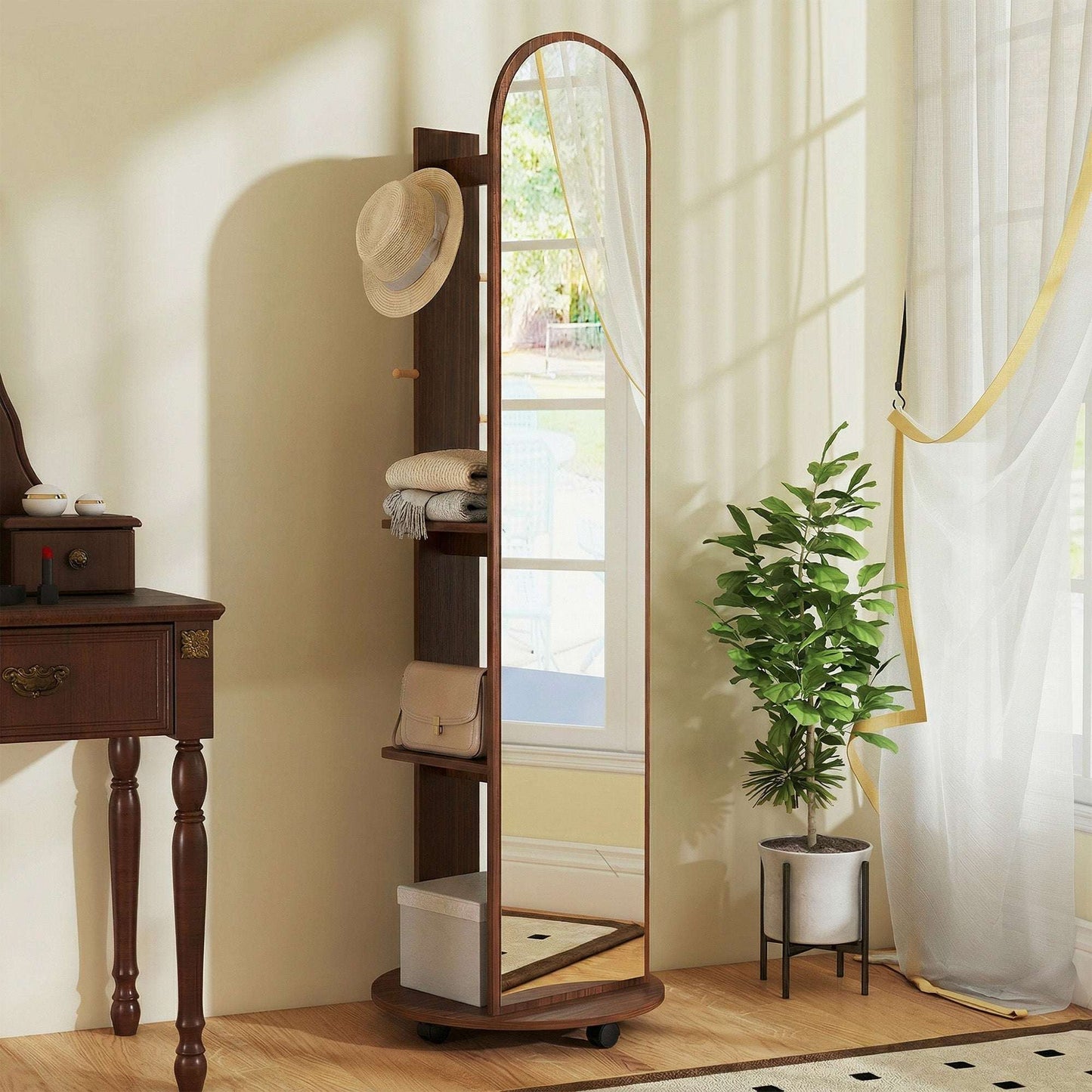 2-in-1 Full-Length Floor Mirror with Hidden Back Storage Shelves | Coat Rack & Hooks | 4 Lockable Wheels | Shatter-Resistant Tempered Glass | 50x50x167cm | Brown Wood Effect