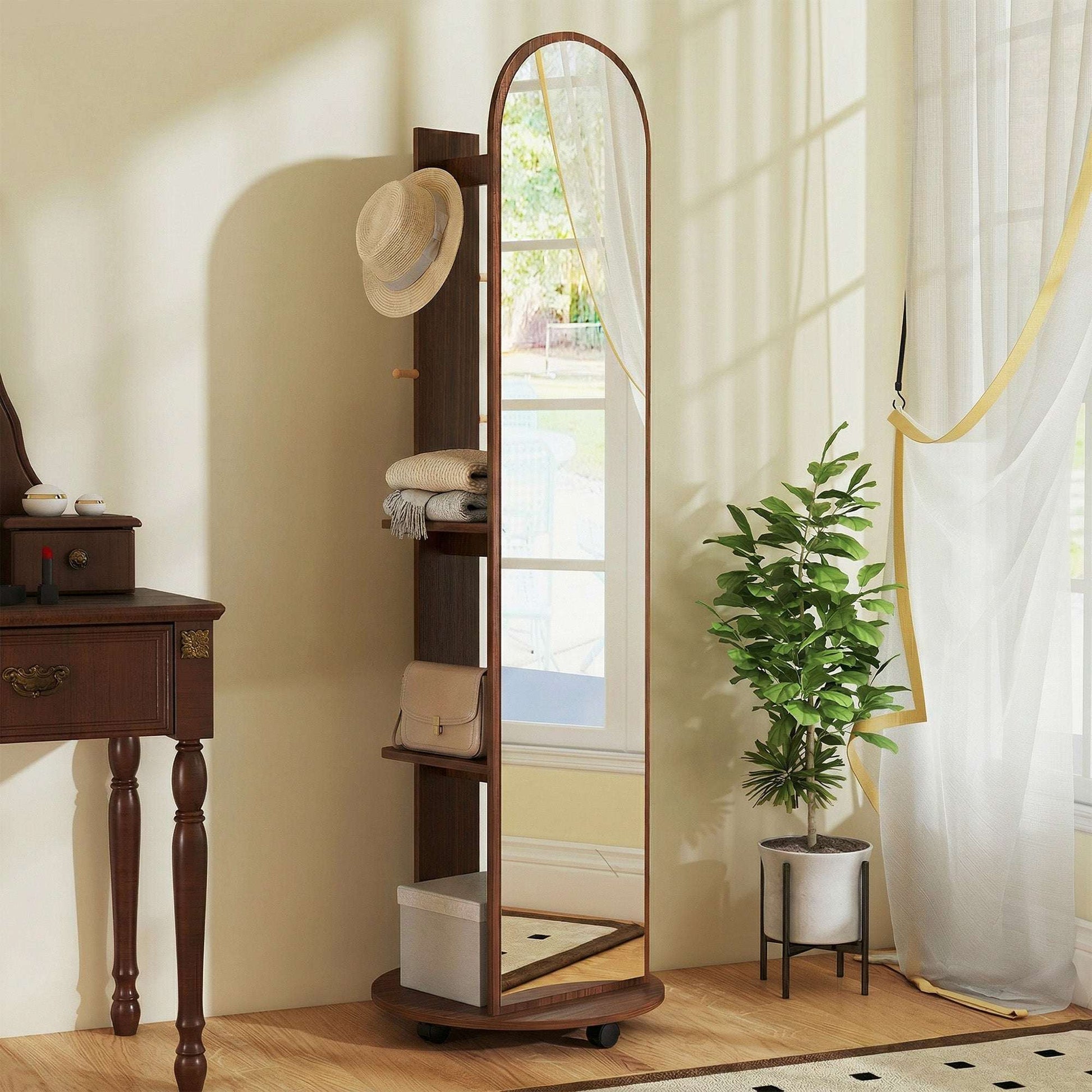 2-in-1 Full-Length Floor Mirror with Hidden Back Storage Shelves | Coat Rack & Hooks | 4 Lockable Wheels | Shatter-Resistant Tempered Glass | 50x50x167cm | Brown Wood Effect