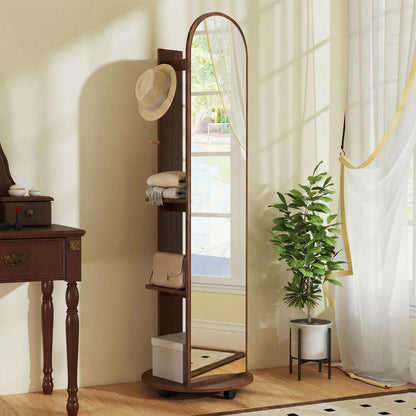 2-in-1 Full-Length Floor Mirror with Hidden Back Storage Shelves | Coat Rack & Hooks | 4 Lockable Wheels | Shatter-Resistant Tempered Glass | 50x50x167cm | Brown Wood Effect