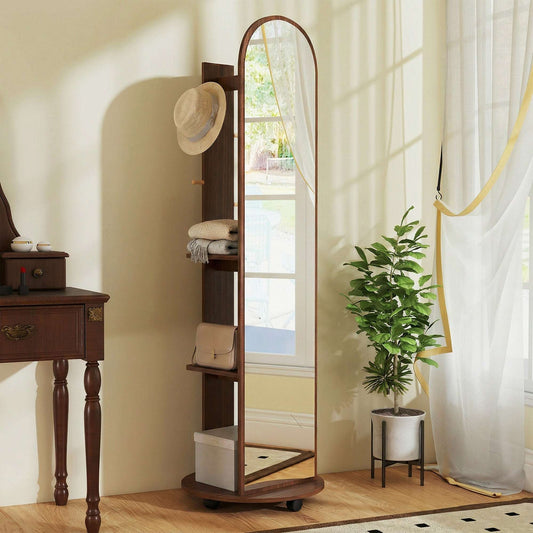 2-in-1 Full-Length Floor Mirror with Hidden Back Storage Shelves | Coat Rack & Hooks | 4 Lockable Wheels | Shatter-Resistant Tempered Glass | 50x50x167cm | Brown Wood Effect