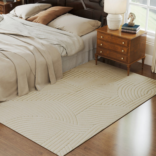 Modern Geometric Jacquard Rug | 15mm Plush Pile | Non-Slip Cotton-Polyester Backing | Reinforced Edges | 230x160cm | Cream