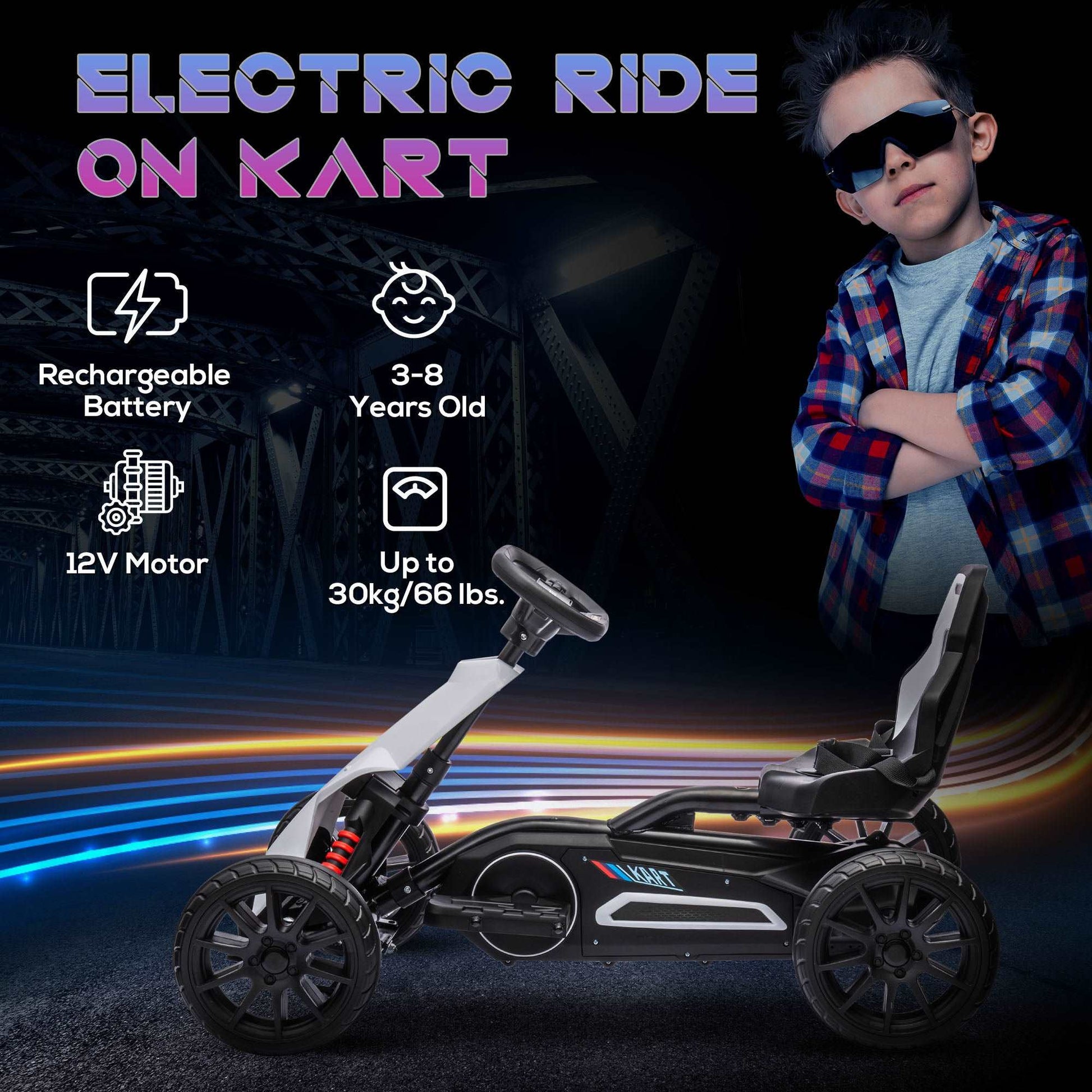 12V Electric Go Kart for Kids, Ride-On Racing Go Kart with Forward Reversing, Rechargeable Battery, 2 Speeds, for Boys Girls Aged 3-8 Years Old - White