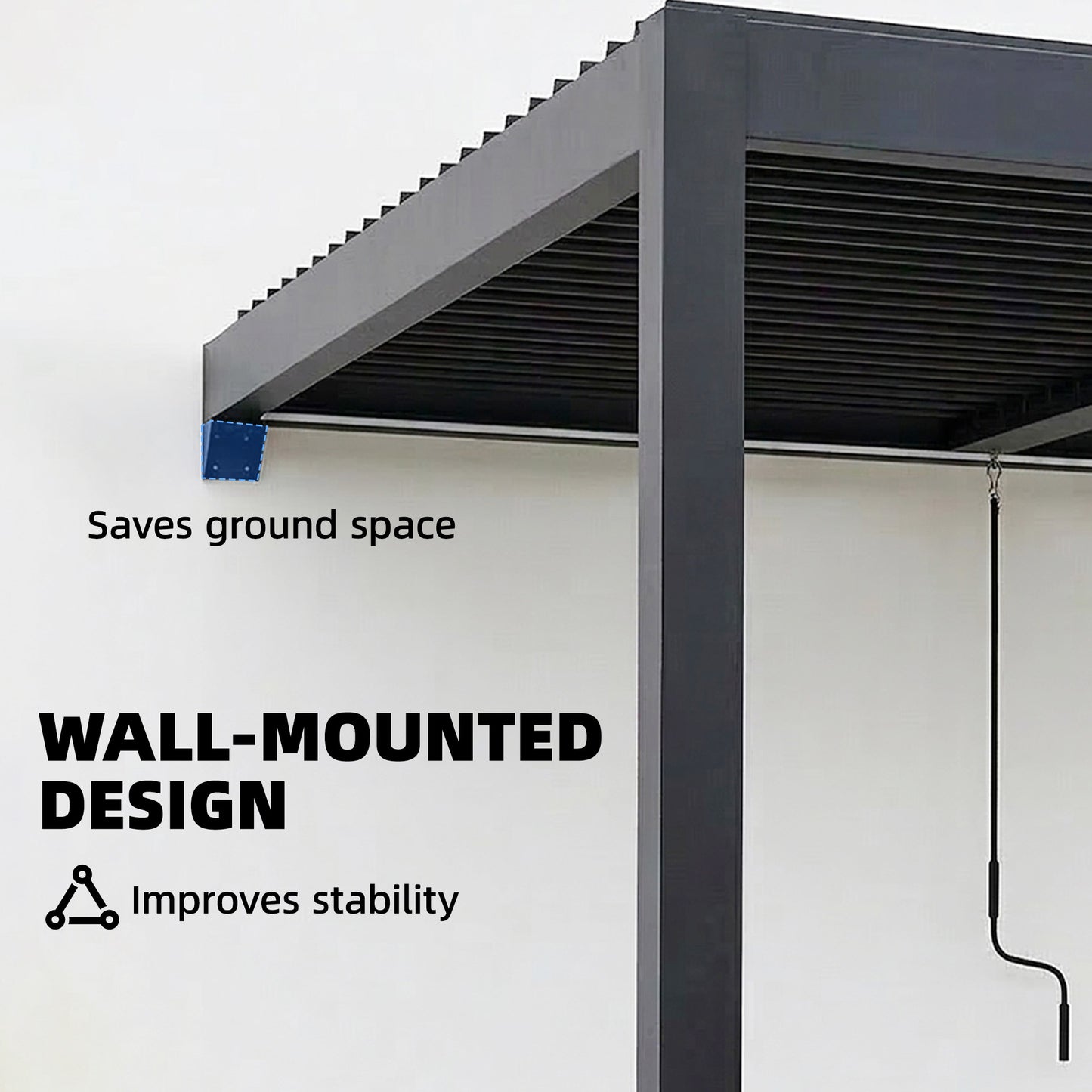 3x3m Wall-Mounted Louvered Pergola | LED Lights | Adjustable Louvres | Drainage | Windproof 7-8 | Dark Grey
