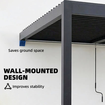 3x3m Wall-Mounted Louvered Pergola | LED Lights | Adjustable Louvres | Drainage | Windproof 7-8 | Dark Grey