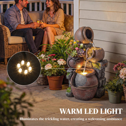 4-Tier Resin Waterfall Fountain with Built-In Planter | Warm White LED Lights | 3-Speed Adjustable Pump | 5W | 230V | 3m Cable | 31x30x59cm | Garden & Patio | Rustic Brown