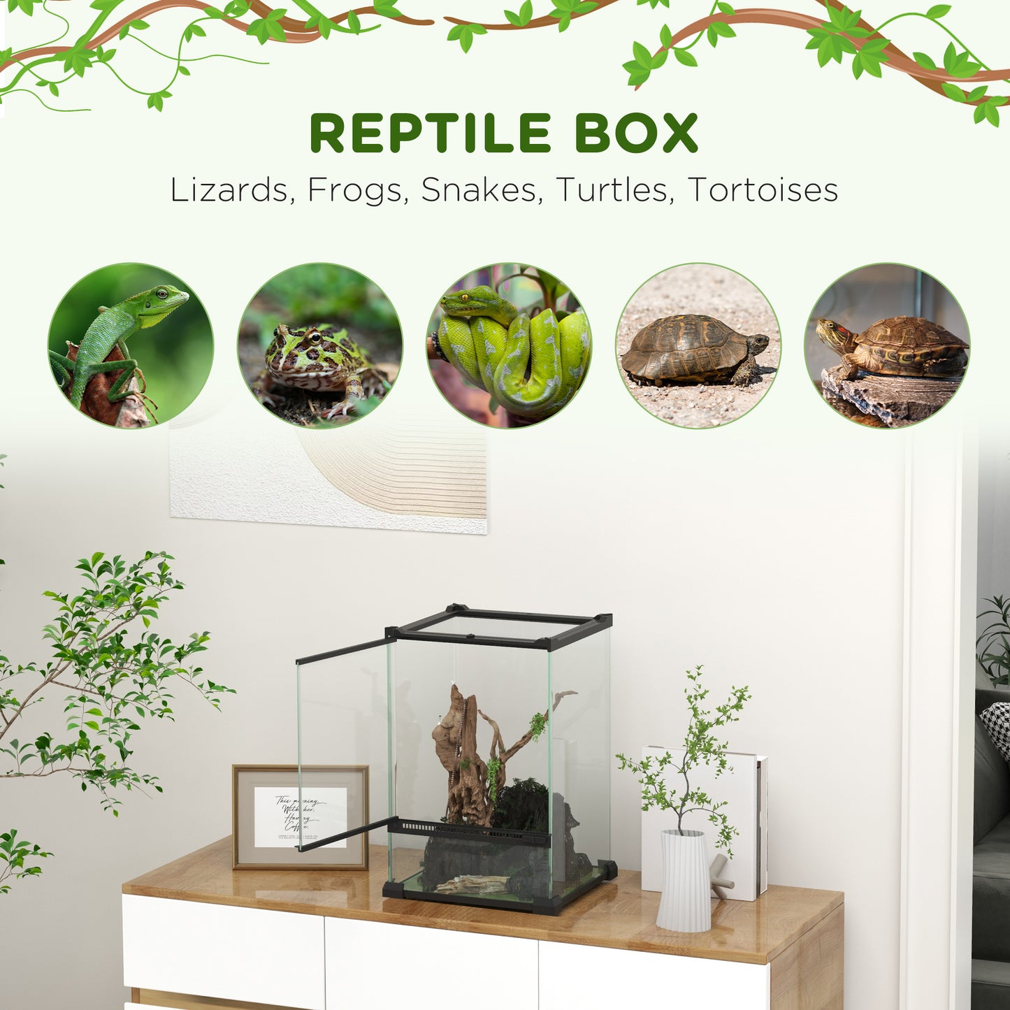 PawHut 12L Vivarium for Lizards Frogs Snakes Turtles Tortoises w/ Anti Escape Design, Ventilation