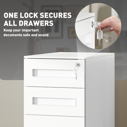 3 Drawer Slim Mobile Steel Filing Cabinet | Under Desk | 30x43.5x60cm | Lockable | A4 Legal Letter | 3 Compartment Pencil Tray | 4 Wheels | Pre-Assembled | 30kg | White