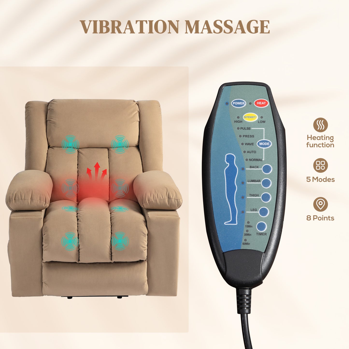 Power Lift Recliner Chair with Vibration Massage and Heat, Electric Lift Chair, Overstuffed Fabric Riser and Reclining Armchair - Light Brown