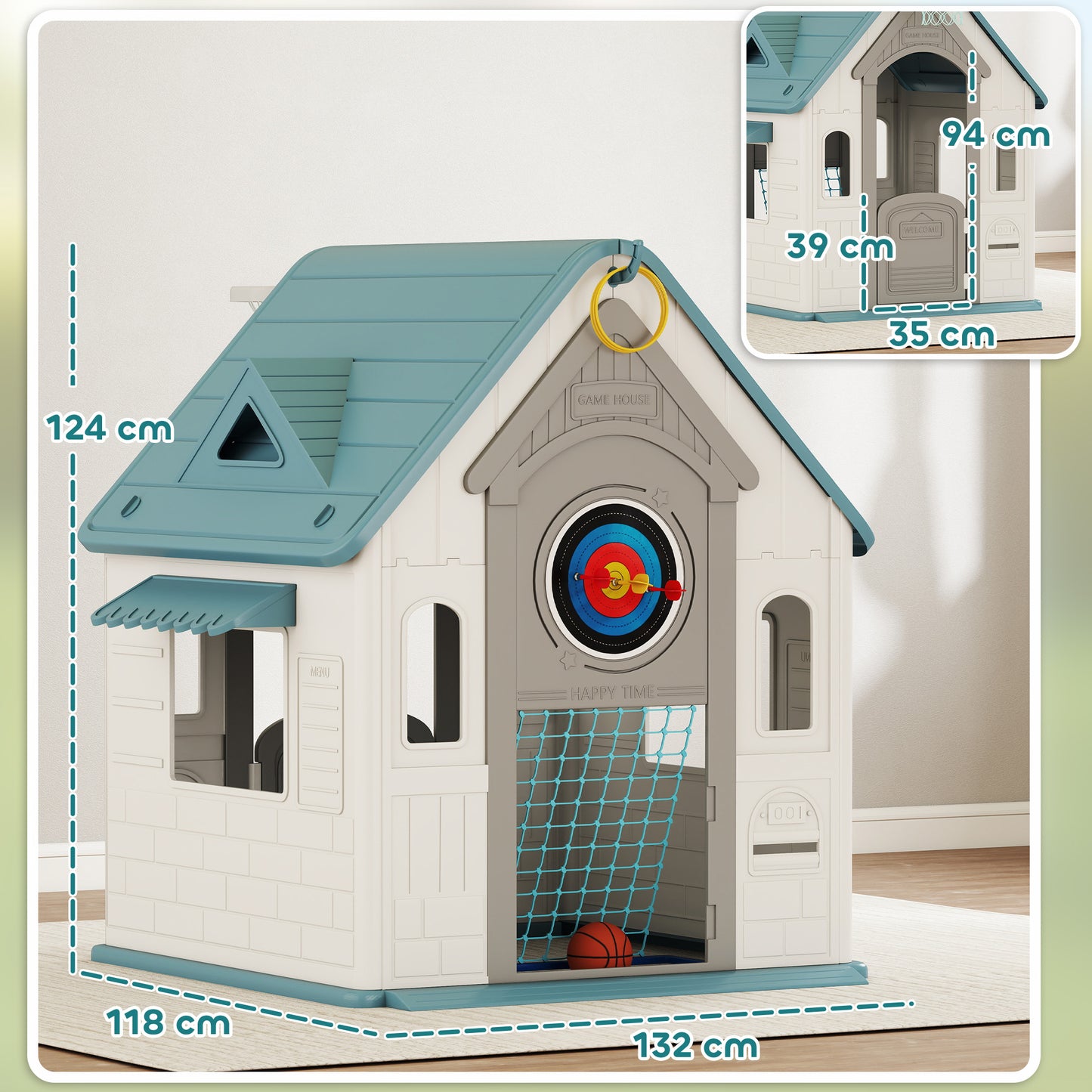 AIYAPLAY 5-in-1 Playhouse for Kids Outdoor Indoor with Basketball Hoop, Football Goal, Dartboard, Ring Toss for 2-5 Years, Beige / Pink