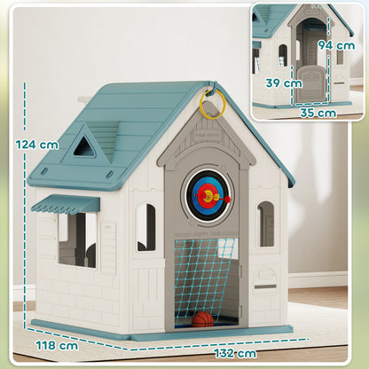 AIYAPLAY 5-in-1 Playhouse for Kids Outdoor Indoor with Basketball Hoop, Football Goal, Dartboard, Ring Toss for 2-5 Years, Beige / Pink
