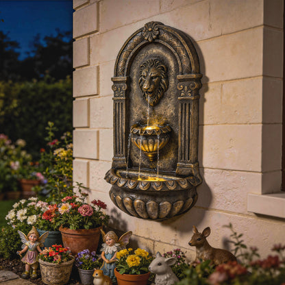Wall-Mounted 3-Tier Lion Head Resin Waterfall Fountain | Warm LED Backlighting | Hand-Painted Weathered Stone Look | 3-Speed Adjustable Pump | 5W | 230V | 3m Cable | 41x23x79cm | Patio & Garden | Rustic Brown