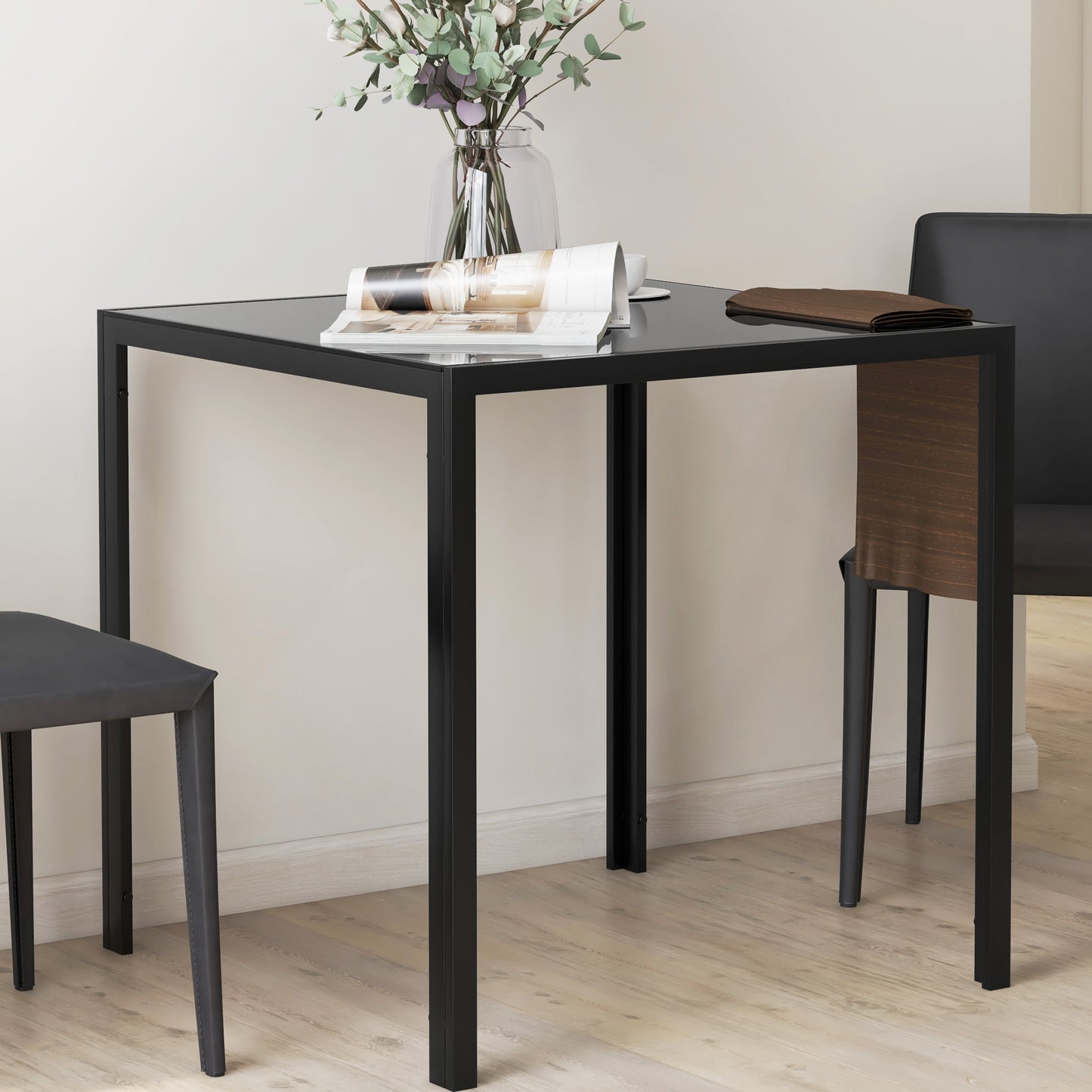 Square Dining Table | 75x75x75cm | 6mm Tempered Glass Top | Powder Coated Steel Legs | 2-4 People | 80kg | Black