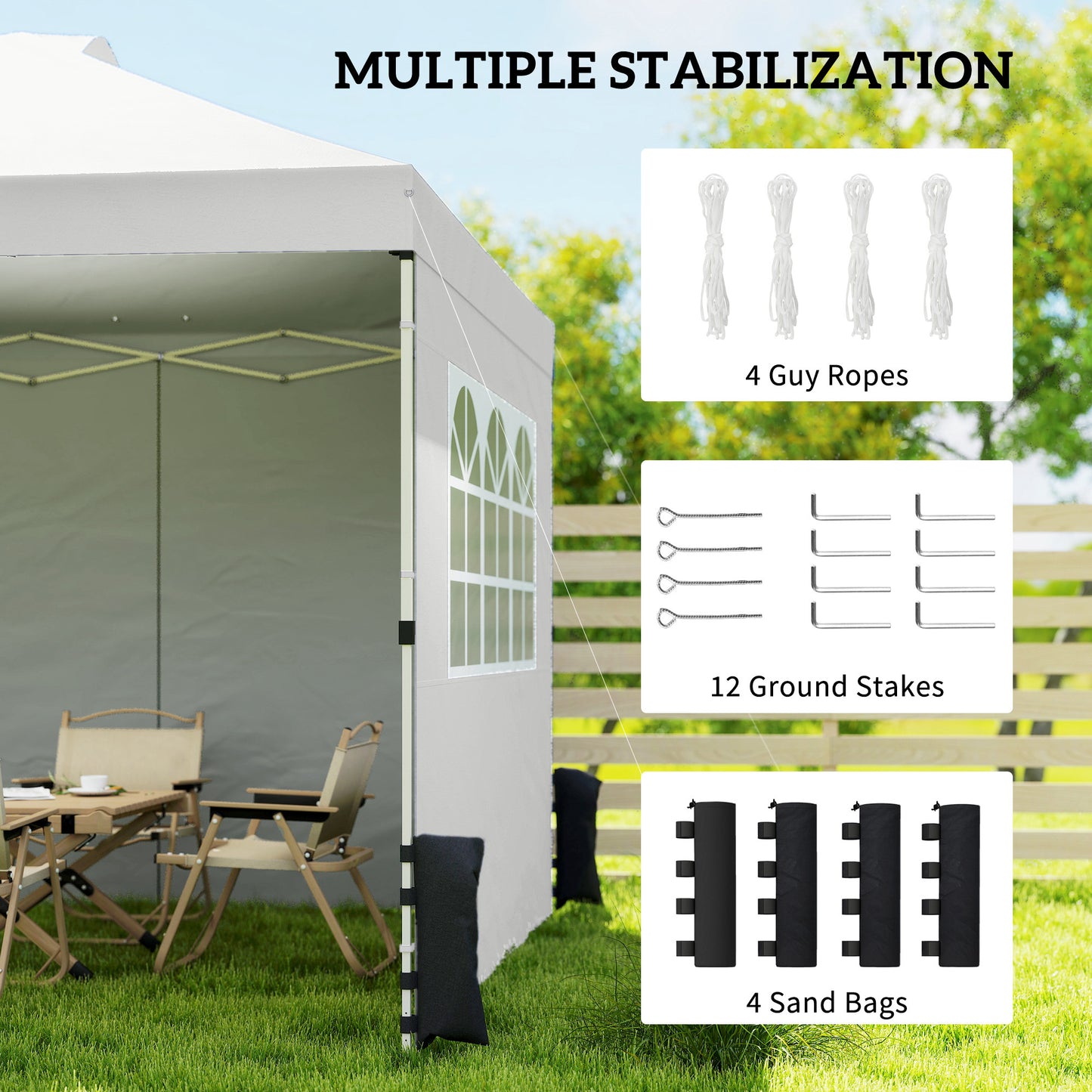 3x3m Pop-Up Canopy Gazebo | UPF50+ Waterproof 210D Oxford Fabric | 3 Detachable Sidewalls | 2 Church Windows | 2 Top Vents & 8 Drainage Holes | 3-Height Steel Frame to 285cm | 4 Guy Ropes & 12 Stakes | Wheeled Carry Bag | White