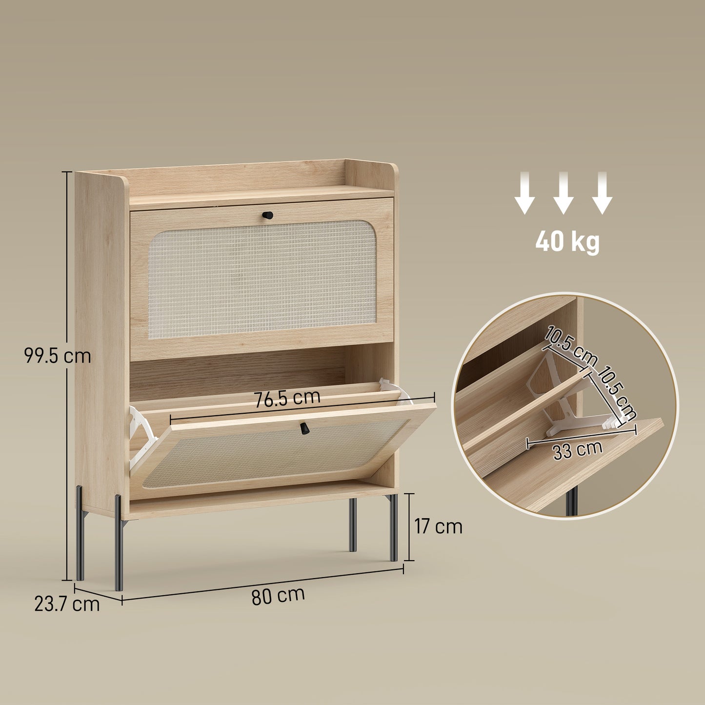 Boho Narrow Shoe Cabinet | 2 Flip Drawers | Rattan Fronts | 12-16 Pairs | Adjustable Shelves | Anti-Tip Hardware | Melamine Coating | 40kg Capacity | 80x23.7x99.5cm | Oak