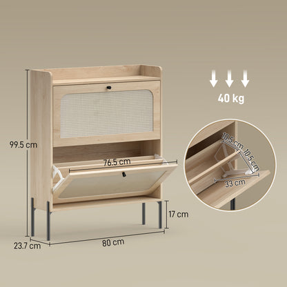 Boho Narrow Shoe Cabinet | 2 Flip Drawers | Rattan Fronts | 12-16 Pairs | Adjustable Shelves | Anti-Tip Hardware | Melamine Coating | 40kg Capacity | 80x23.7x99.5cm | Oak