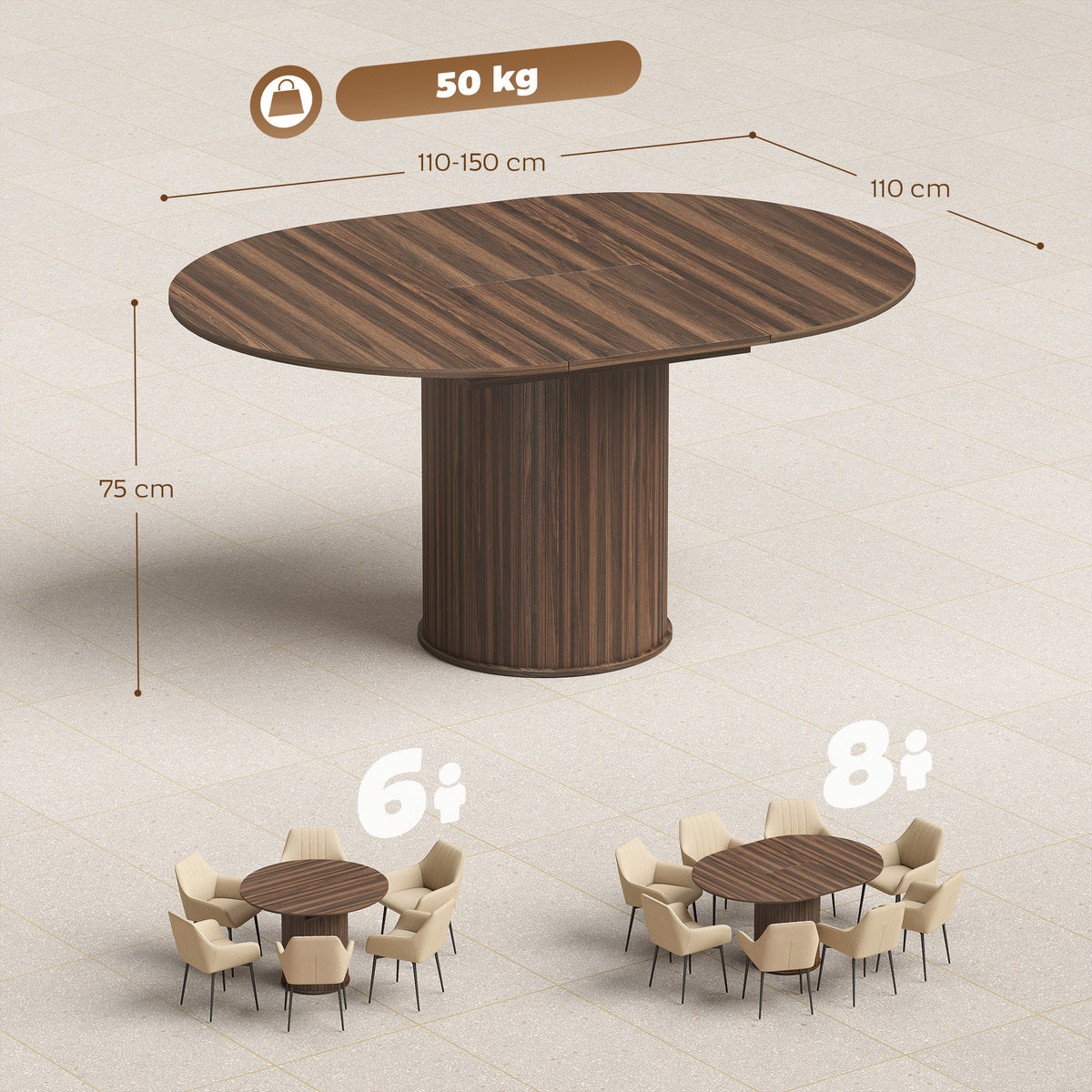 Extendable Dining Table | 110–150cm Round to Oval | Dark Walnut-Effect Finish & Fluted Pedestal Base | Hidden Extension Leaf Storage | Seats up to 6–8