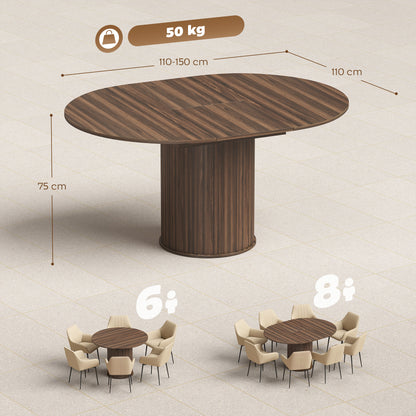 Extendable Dining Table | 110–150cm Round to Oval | Dark Walnut-Effect Finish & Fluted Pedestal Base | Hidden Extension Leaf Storage | Seats up to 6–8