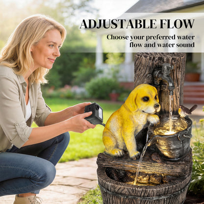 3-Tier Resin Garden Fountain | Hand-Painted Puppy & Bird Design | Warm LED Lights | 3-Speed Adjustable Pump | 5W | 230V | 3m Cable | 35x36x56cm | Garden & Patio | Rustic Brown & Yellow
