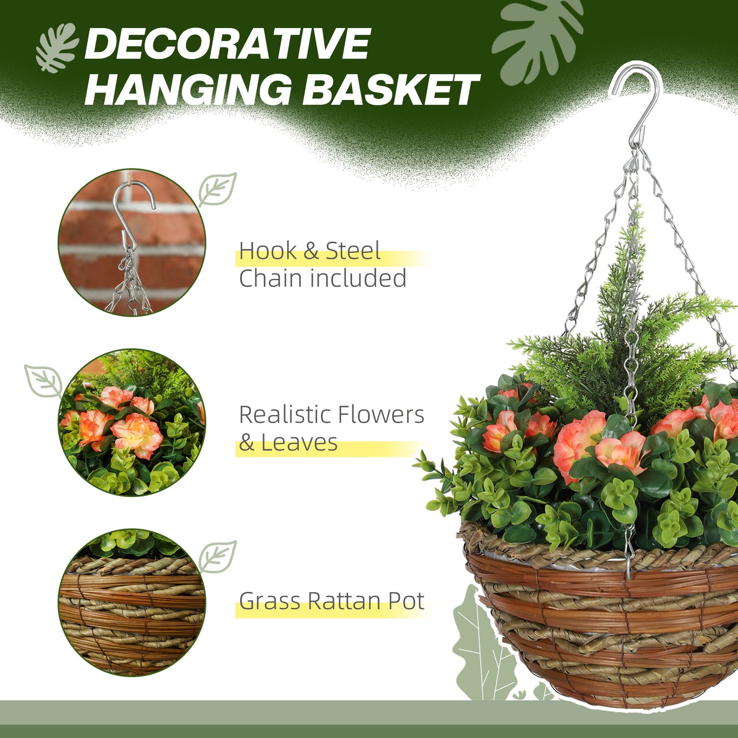 Pack of 2 Faux Plant Artificial Lisianthus Flowers Hanging Planter with Basket for Indoor Outdoor Decoration, Orange / Yellow