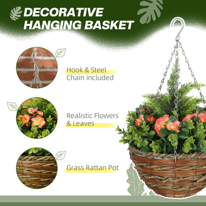 Pack of 2 Faux Plant Artificial Lisianthus Flowers Hanging Planter with Basket for Indoor Outdoor Decoration, Orange / Yellow