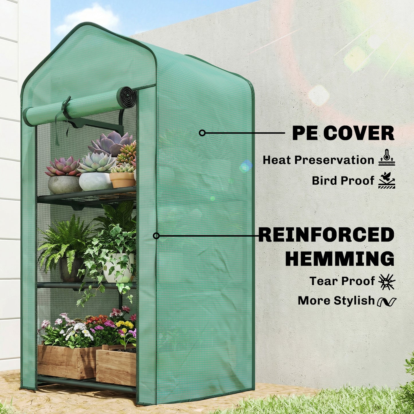 3-Tier Mini Greenhouse | Steel Frame | 140gsm PE Cover | Roll-Up Zip Door | 5kg Per Shelf | 59x39x127cm | Green