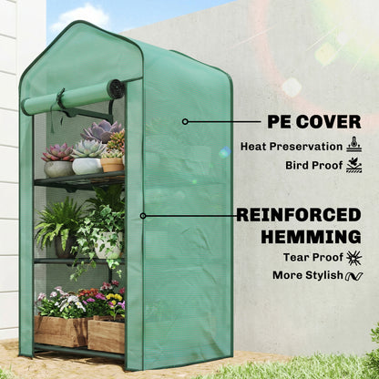 3-Tier Mini Greenhouse | Steel Frame | 140gsm PE Cover | Roll-Up Zip Door | 5kg Per Shelf | 59x39x127cm | Green