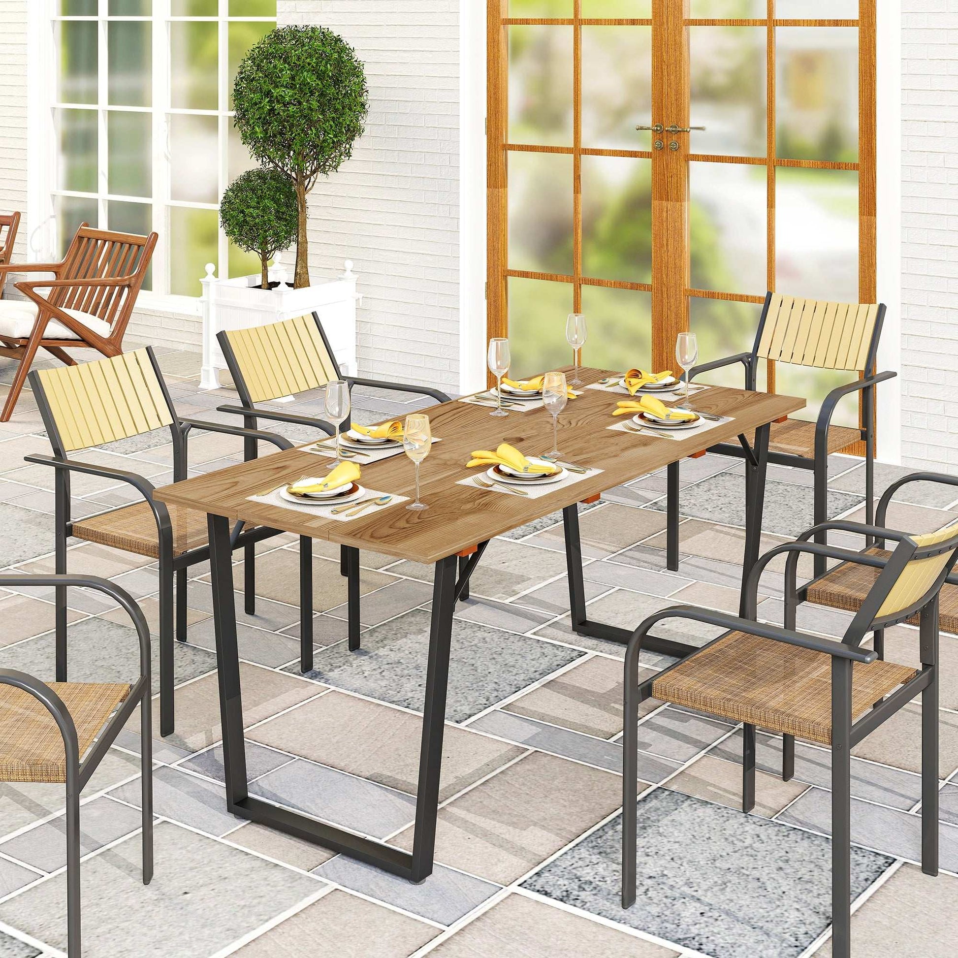 Garden Table for 6, 175 x 80 cm Large Rectangle Outdoor Dining Table with 5cm Parasol Hole and Slatted Top, Weather Resistant Fir Wood Patio Table