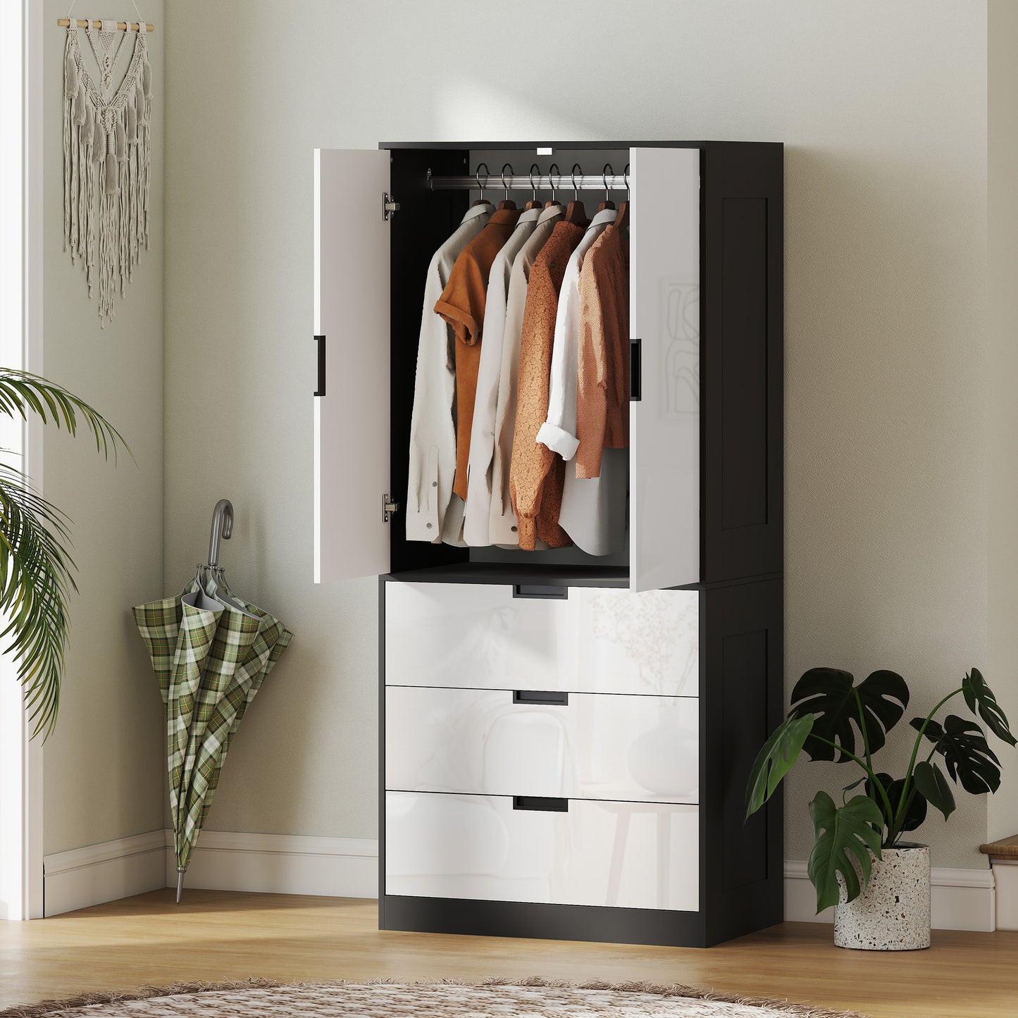 2 Door Wardrobe, Modern Wardrobe with 3 Drawers and Hanging Rod for Bedroom, High Gloss White