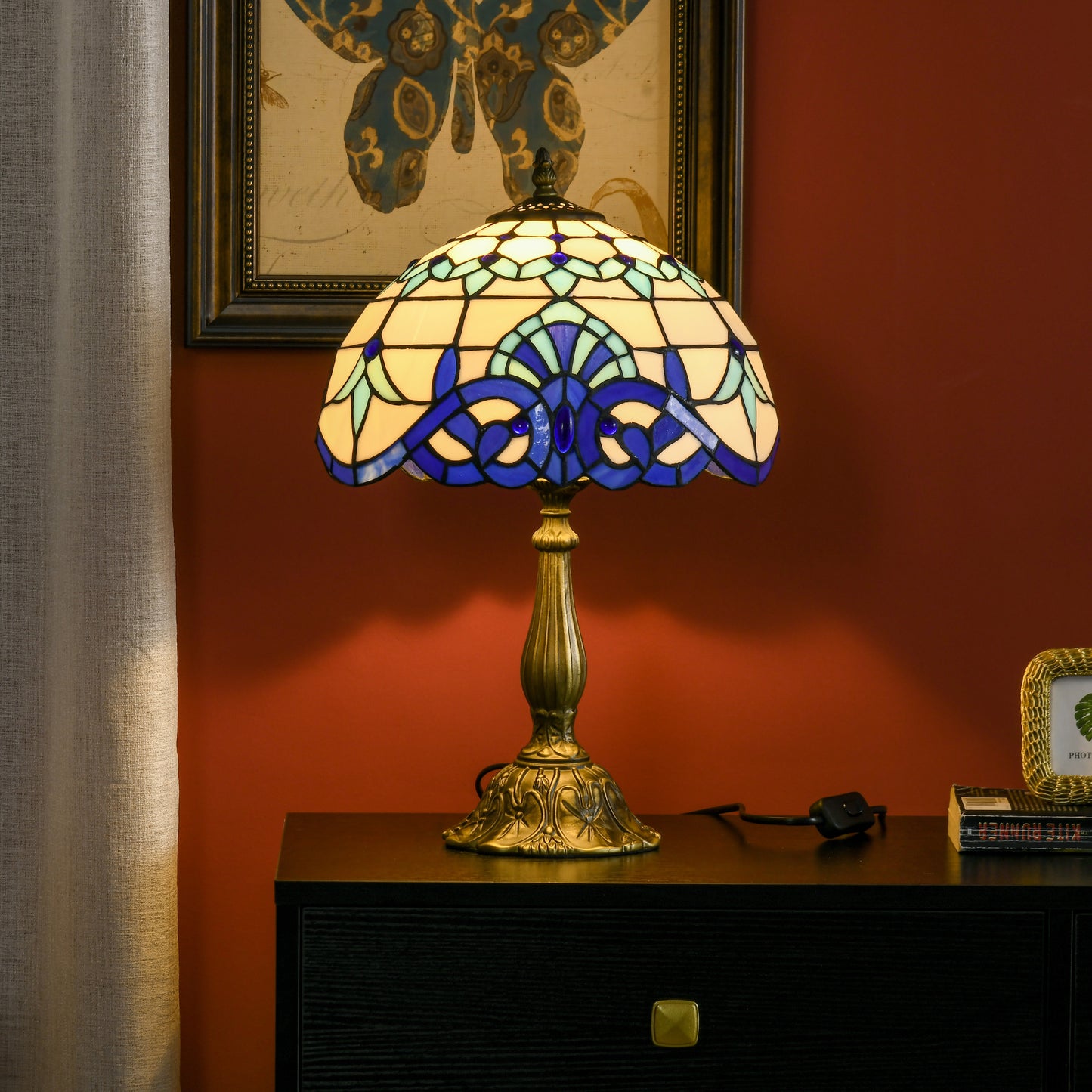 Stained Glass Table Lamp, Handmade Antique Style Bedside Lamp for Bedroom, Living room, Home, Nightstand, Decorative Night Light, Blue