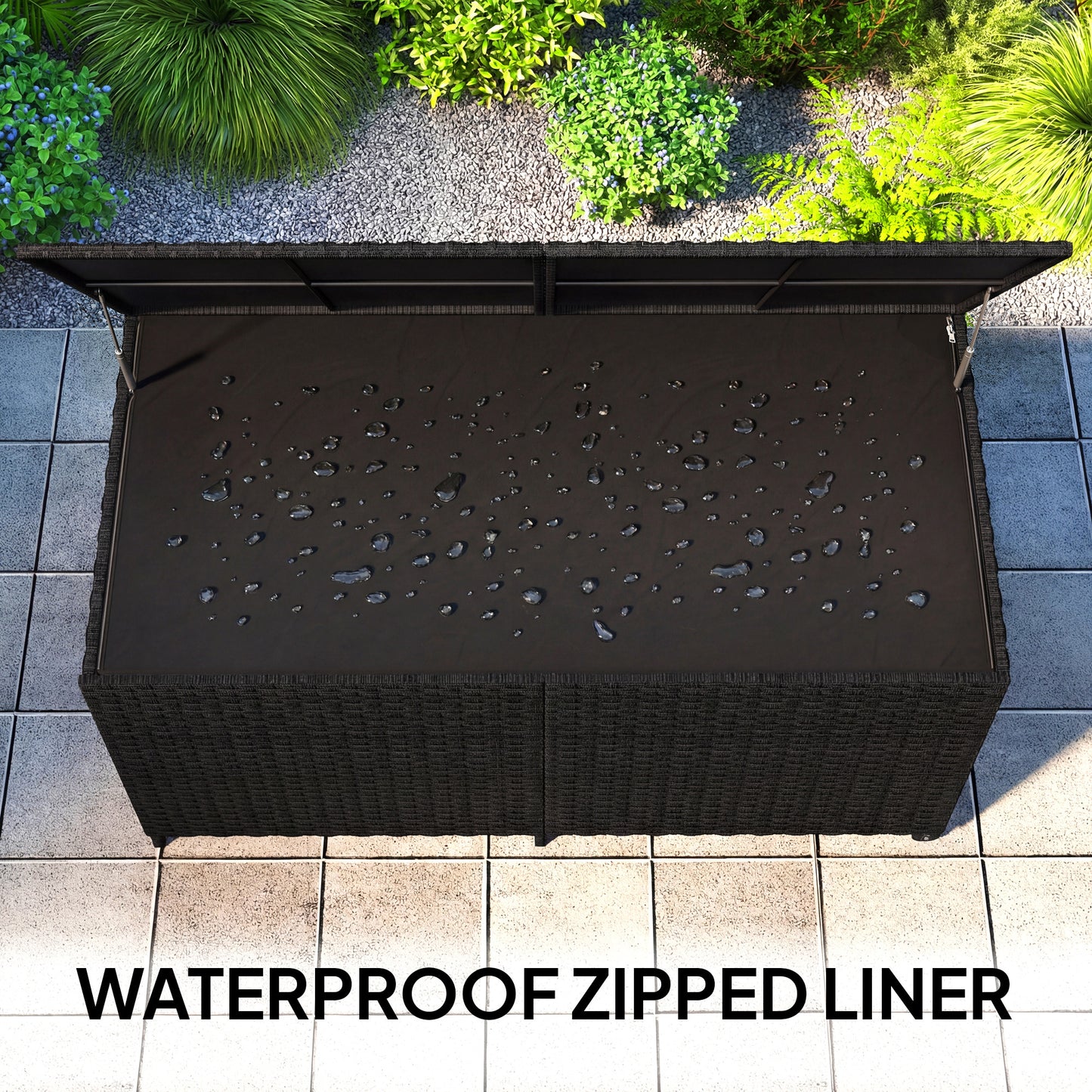 650L Rattan Garden Storage Box | 2 Wheels | Waterproof Zipped Liner | Gas-Assisted Lid | UV-Resistant PE Rattan | Powder-Coated Steel | 100kg | 150x75x74cm | Black