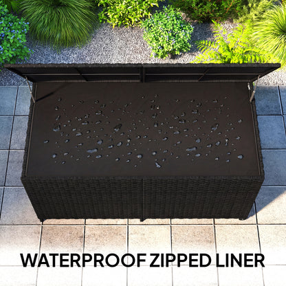 650L Rattan Garden Storage Box | 2 Wheels | Waterproof Zipped Liner | Gas-Assisted Lid | UV-Resistant PE Rattan | Powder-Coated Steel | 100kg | 150x75x74cm | Black