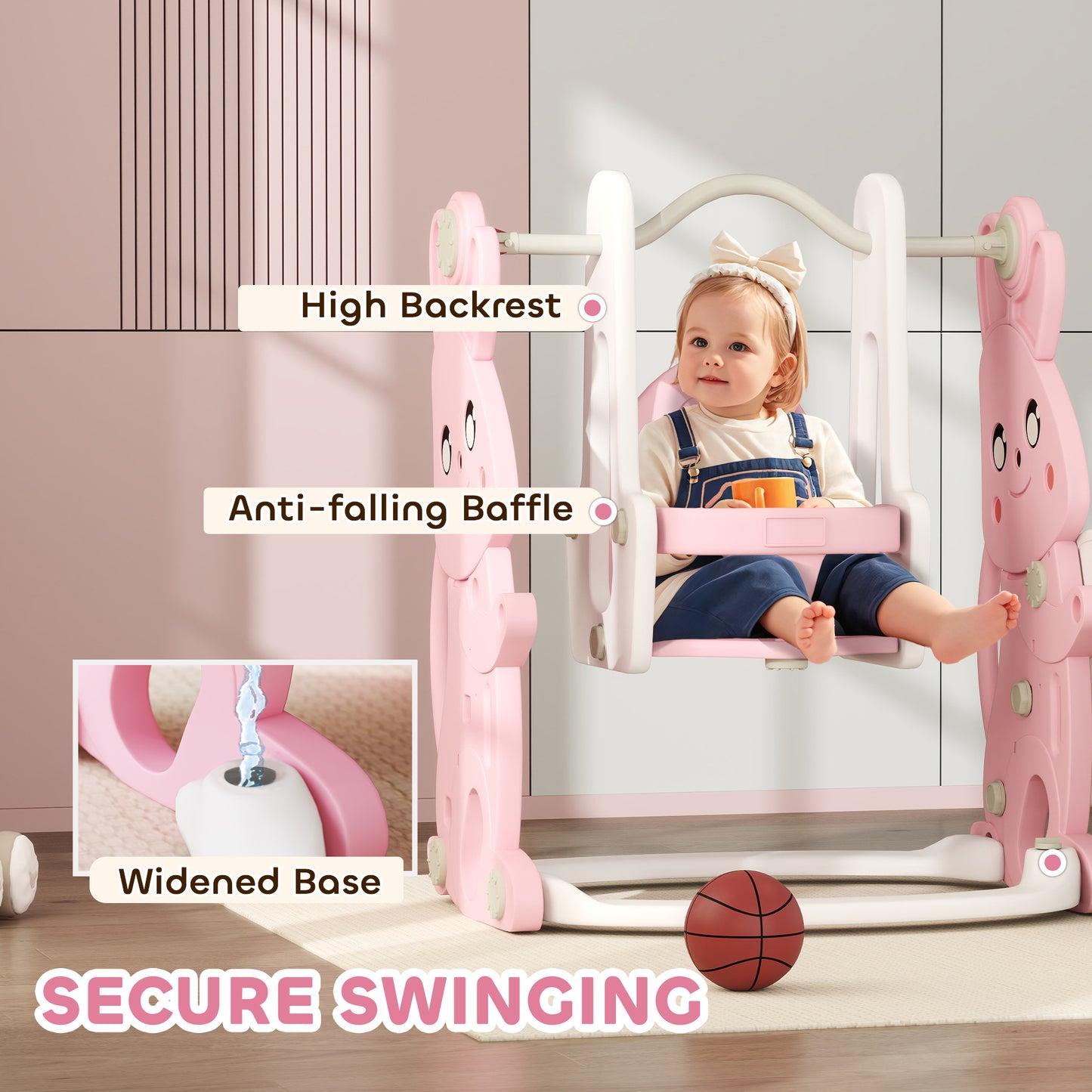 AIYAPLAY 4 in 1 Kids  Baby Toddler Slide and Swing Set with Climber, Basketball Hoop, Rabbit-Themed, Pink