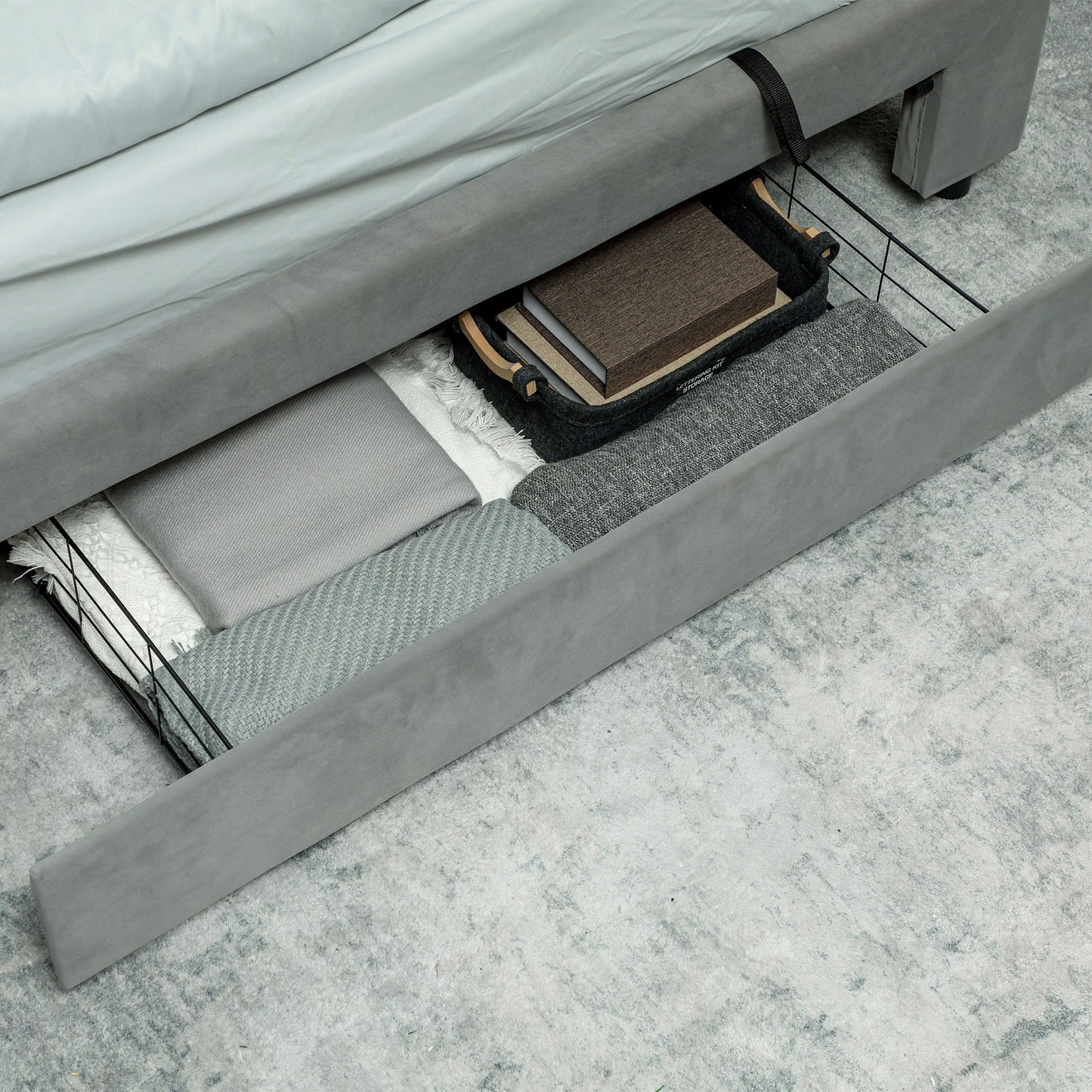 King Size Ottoman Bed Frame, with Front Drawer - Grey