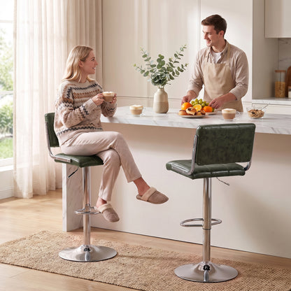 PU Leather Adjustable Bar Stools | Set of 2 | Square Tufted Backrest | Footrest | 62–83cm Height | Kitchen Island | Green