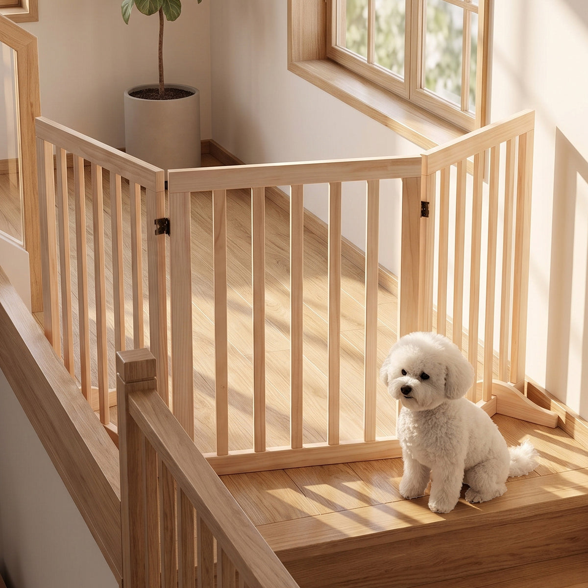 3-Panel Freestanding Wooden Dog Gate | Adjusts 30–140cm | 360° Hinges | Solid Pine Wood | No Drill | Support Feet | 47mm Bar Gap | Small Dogs Under 10kg | Natural Wood Finish | 150x36x61cm | No Assembly