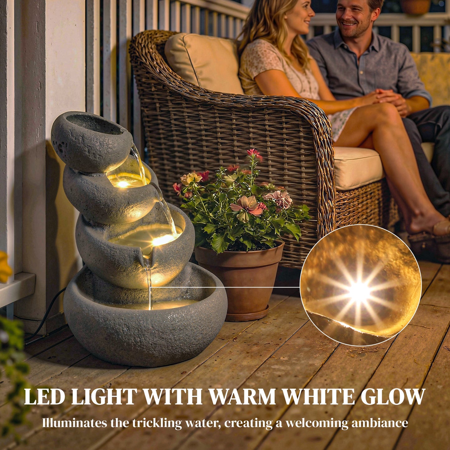 4-Tier Resin Waterfall Fountain | Weathered Stone Look | Warm White LED Lights | 3-Speed Pump | 10-12L | 230V | UK Plug | 3m Cable | 35x32x50cm | Garden Patio Indoor & Outdoor | Mixed Colour