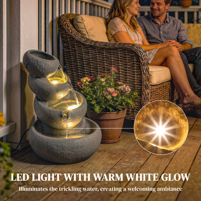 4-Tier Resin Waterfall Fountain | Weathered Stone Look | Warm White LED Lights | 3-Speed Pump | 10-12L | 230V | UK Plug | 3m Cable | 35x32x50cm | Garden Patio Indoor & Outdoor | Mixed Colour