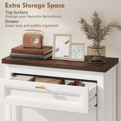 Farmhouse Narrow Shoe Cabinet | 2 Flip Drawers + Top Drawer | Gold Handles | White | 108.5cm