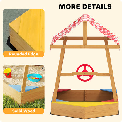 AIYAPLAY Wooden Kids Sandpit Boat Style with Canopy, 4 Seats, Rudder, Bottom Liner, for Children 3-8 Years, Yellow