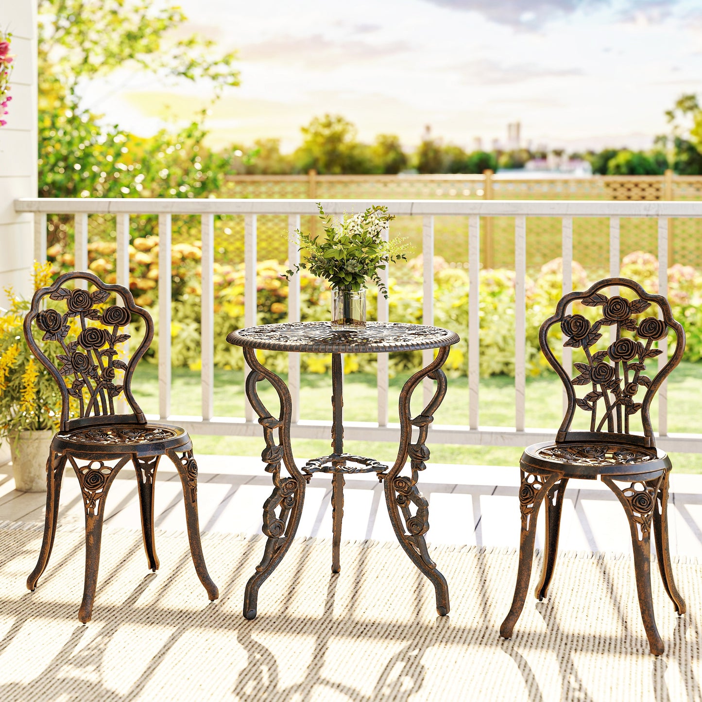 3 Piece Cast Aluminium Garden Bistro Set | Vintage Rose Design | Round Table Dia 60cm | 45mm Umbrella Hole | 2 Chairs | Rust Resistant | 120kg | Bronze Tone