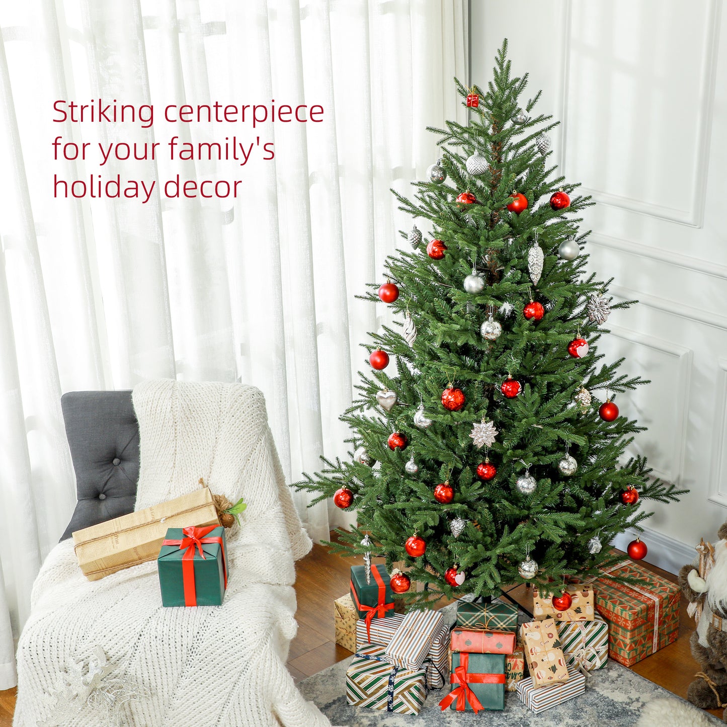 6ft Artificial Christmas Tree with 2380 Tips, Metal Base, Realistic, Easy to Assemble, Green