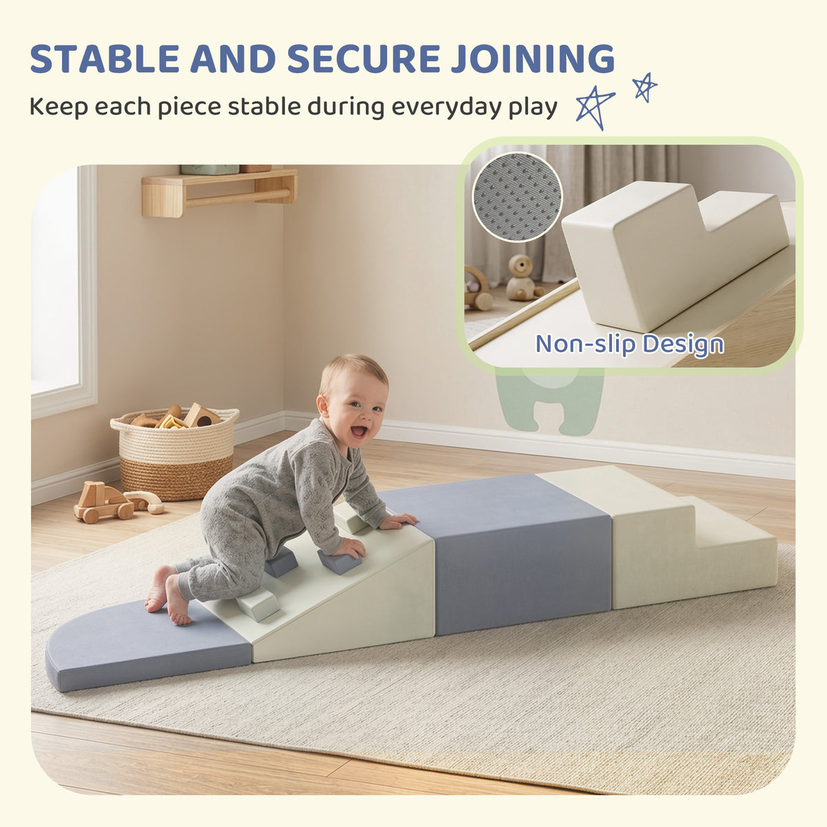 AIYAPLAY 4-Piece Toddler Soft Play Climbing Set | Foam Ramp, Steps & Blocks | Wipe-Clean PU | Light Grey & Beige | Ages 1–3