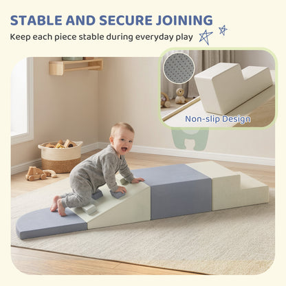 AIYAPLAY 4-Piece Toddler Soft Play Climbing Set | Foam Ramp, Steps & Blocks | Wipe-Clean PU | Light Grey & Beige | Ages 1–3